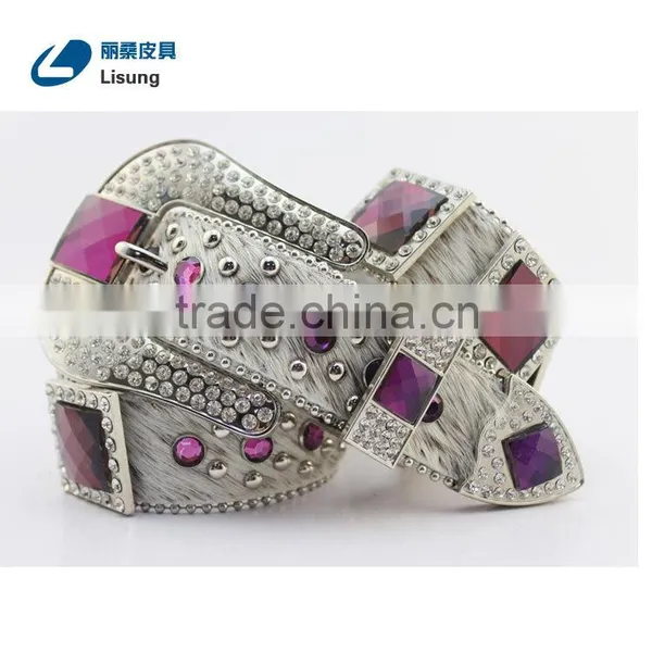 Purple Crystal Full Rhinestone Buckle Horse Hair Hide Western Cowgirl Belt photo-3