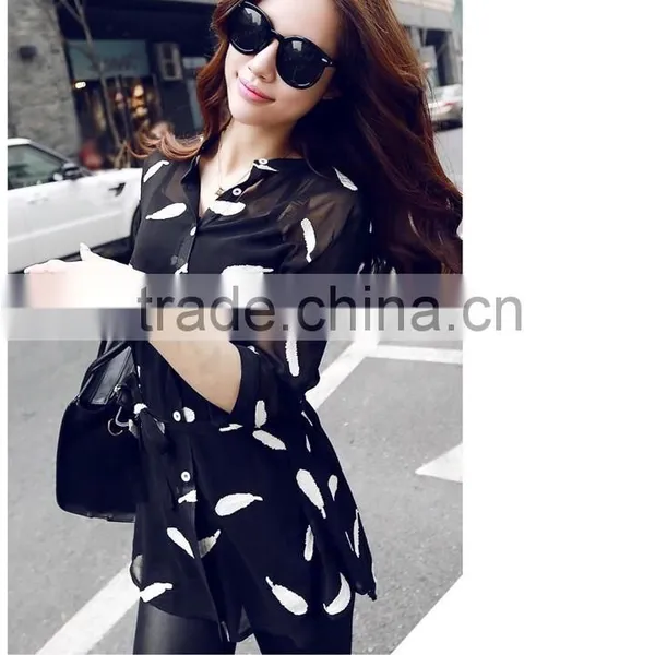 2016 New Ladies Black White Button Chiffon Blouse Shirts