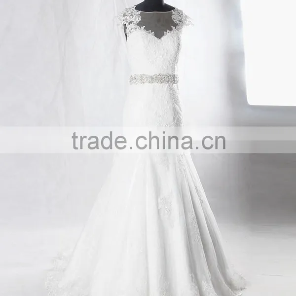 RSW928 Cap Sleeves Illusion Neckline See Through Back Lace Wedding Dresses Mermaid With Detachable Train photo-2