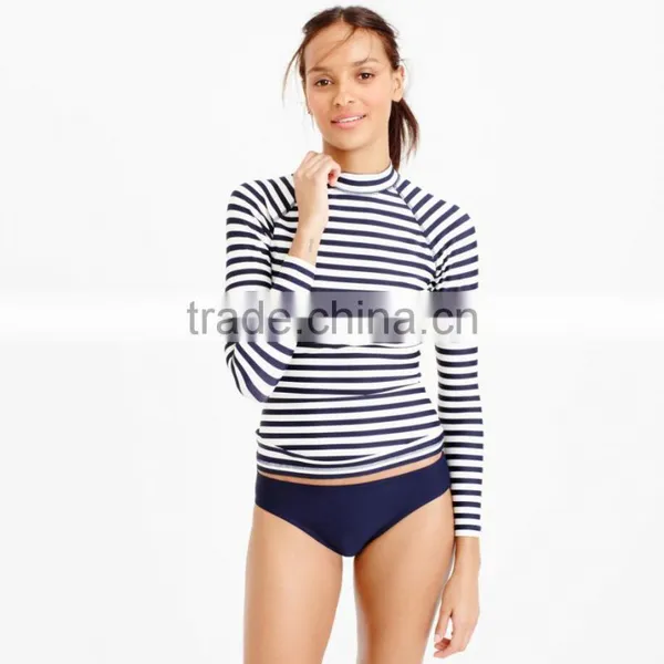 Polyamide Nylon Elastane Spandex Comfortable Long Sleeve Custom Printed Classic Navy Blue White Stripe Beach Surfing Rash Guard photo-3