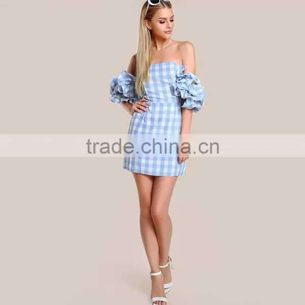 Cute Frill Puff Sleeve off the Shoulder Blue Gingham Mini Dress photo-5