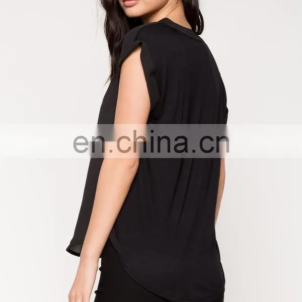 Wholesale Blank Split Neck Short Sleeve Black t Shirts for Women photo-4