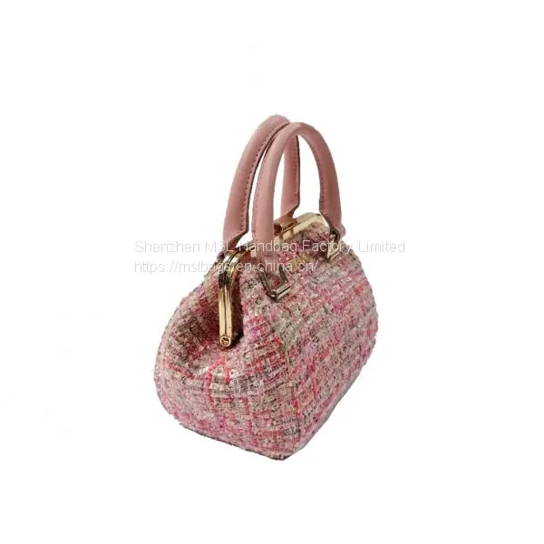 Low MOQ Factory Female Handbag Small Size High Quality Metal Frame Hand Hold Women Tweed Chain Bags photo-5