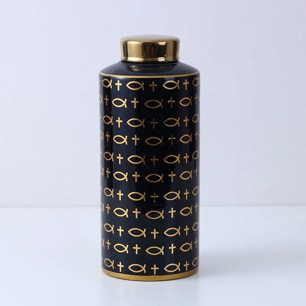 European Simple Style Straight Black Symbol Painting Hexagonal Cylinder Ceramic Vases With Golden Lid For Dining Room photo-2