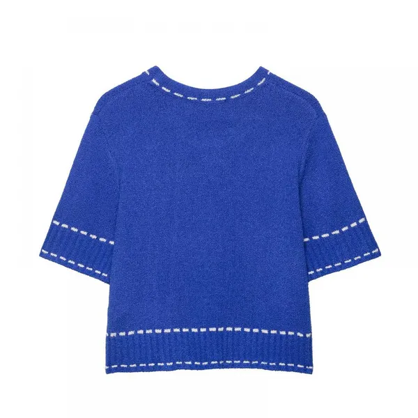 Summer New Versatile Women's Clothing With Contrasting Color Stitching and Round Neck Short Sleeved Knitted Top photo-3