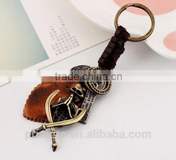Retro Punk Jewelry Alloy Skull Braided Men Real Leather Skeleton Key Chains photo-4