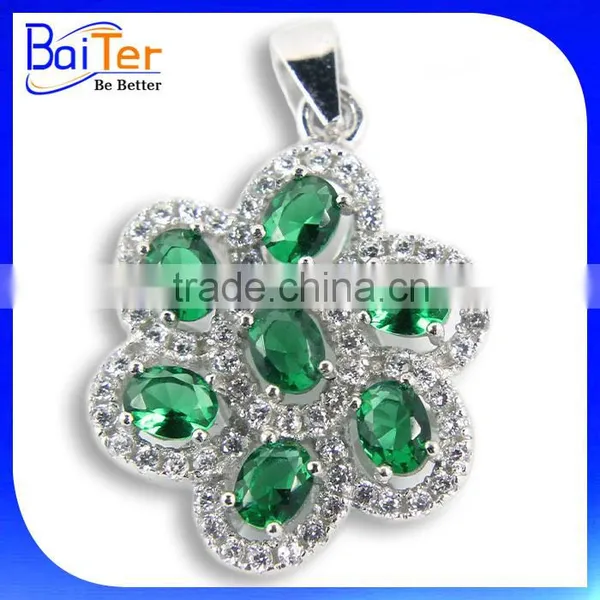 Unique Custom Rhodium Plated CZ 925 Sterling Silver Lab Created Emerald Cross Pendant photo-3