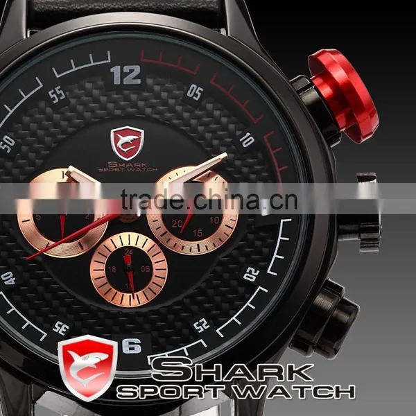 Shark 6 Hands Leather Band Steel Case Mens Quartz Army Luxury Analog Sport Wacth