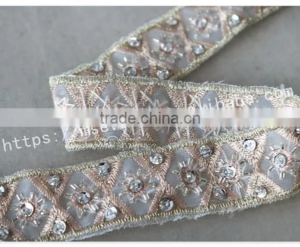 Elegant Design 2.5cm Width Champagne Crystal Trim Bridal Embrodiery photo-4