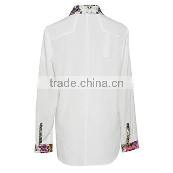 New Model Ladies Fashion Beautiful Shirts 2016 Summer Sweet Long Sleeve Stand Collar White Floral Printed Shirts photo-2