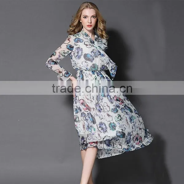 Maxnegio Elegant Maxi Long Sleeve Office Chiffon Pleated Maxi Dress photo-2