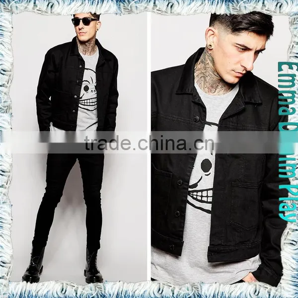2016 Fashion Mens Long Sleeves Black Cotton Cropped Jean Denim Jackets Wholesale photo-4