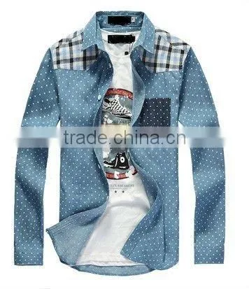 Latest 100% Cotton Light Blue Dot Denim Cowboy Long Sleeve Casual Shirt for Men With One Pocket photo-2