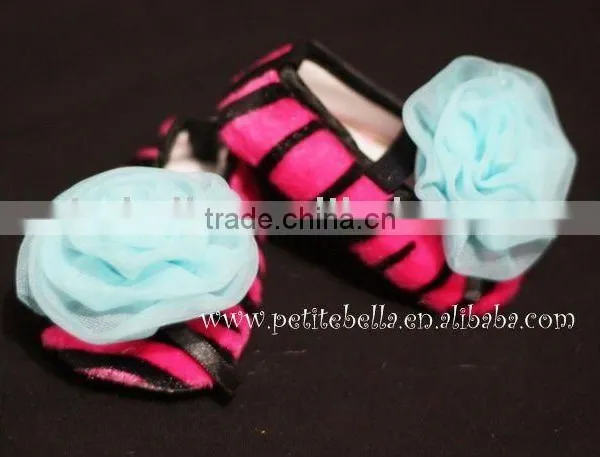 Hot Pink Zebra Shoes With Light Blue Rosettes Pettishoes Crib Shoes MAS24