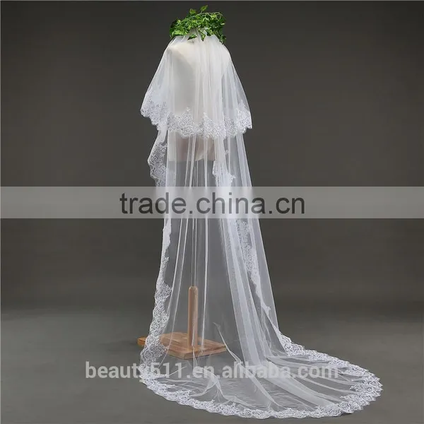 2017 Wholesale Wholesale White Wedding Lace Bridal Veils Fashionable Long Tulle HL09 photo-2