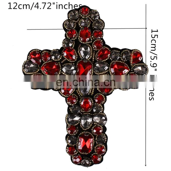 Custom Beading Rhinestones Red Gold Cross Design Sew On Patches photo-4