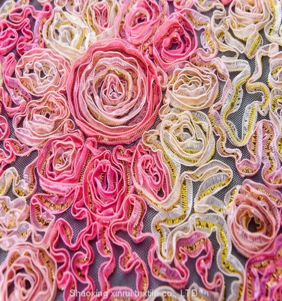Fancy 3d Flowers Embroidery Fabric Pink Tulle Lace