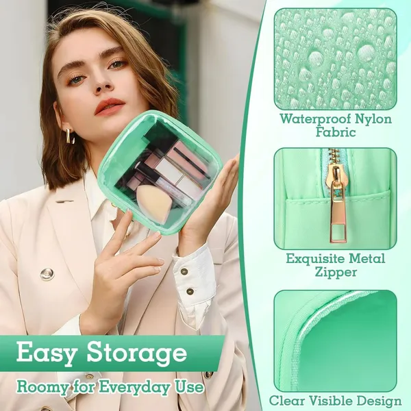 Small Cosmetic Bag, Clear Mini Makeup Bag for Purse, Pretty Preppy Makeup Bag With Zipper,PVC & Nylon Watertight Travel Toiletry Bag Organizer Coin Purse for Women Men Girls photo-3