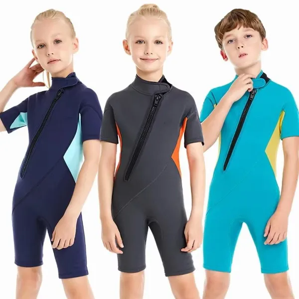 2mm Neoprene Kids Shorty Wetsuit Front Zipper One Piece Short Sleeve Diving Suit Boys Girls Surfing Snorkeling Swimming Wetsuit