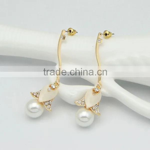 Bridal Wedding Golden Crystal Pearl Flower Drop Dangle Earrings photo-6