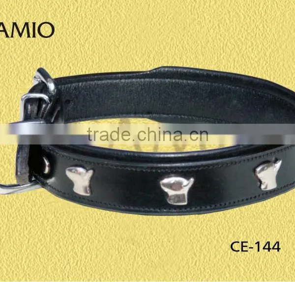 CE 144 Leather Dog Collar Padded With Dog Head Ormanents