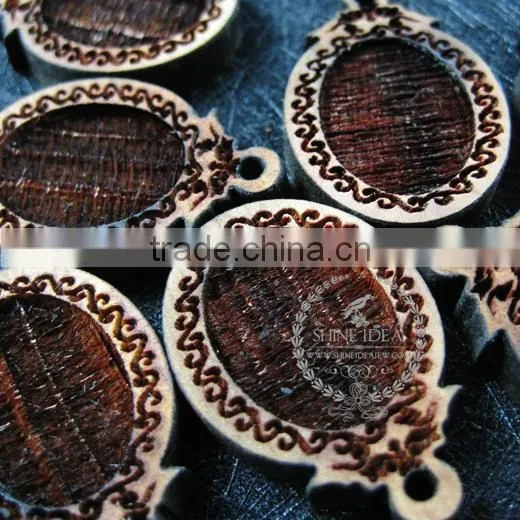 18*13mm Setting Size Vintage Style Natual Log Wood Bezel Carving Flower Oval Pendant Setting DIY Findings Supplies 1421081 photo-3