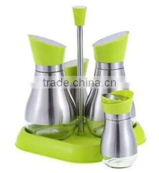 Glass Oil Vinegar Spice Cruet Set With Metal Coating and Stand photo-2