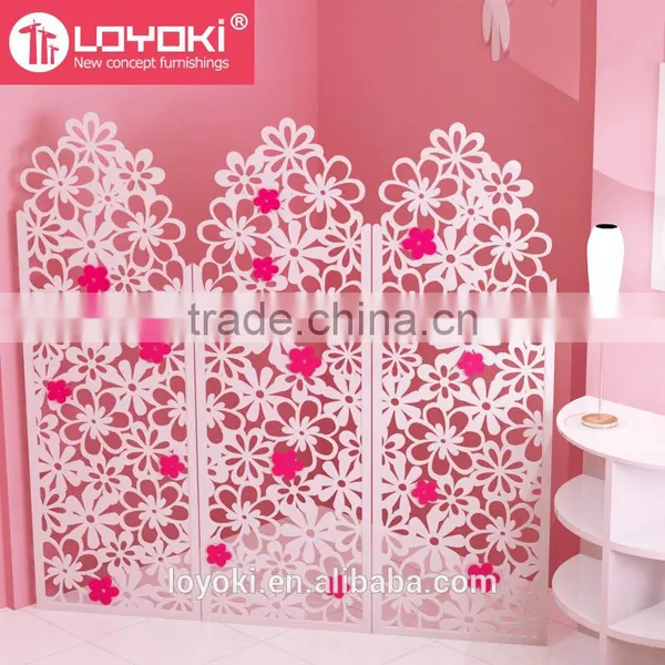 Home Decor White 3 Panel Handcrafted Wood Room Divider Screen MDF Wood Flower Carving Room Divider photo-3