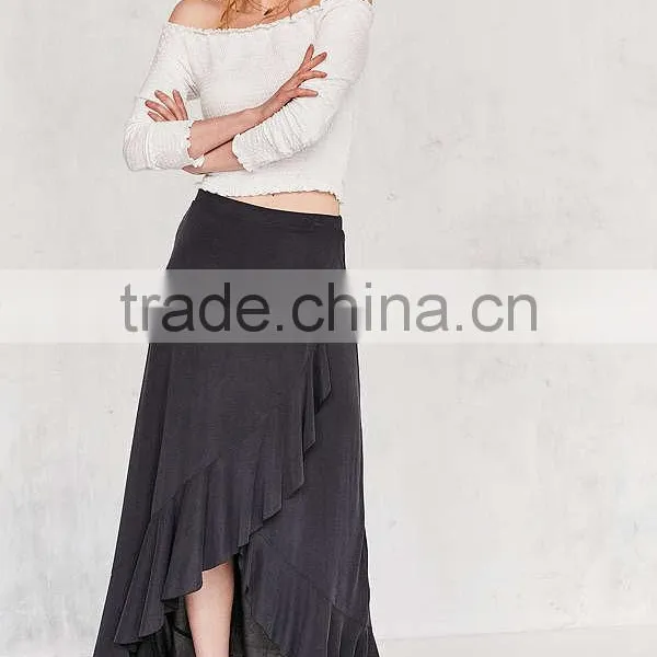 Women Fashion Plain Dyed Spandex Cotton Fashion Summer Ruffle Wrap Long Jersey Maxi Skirt photo-5