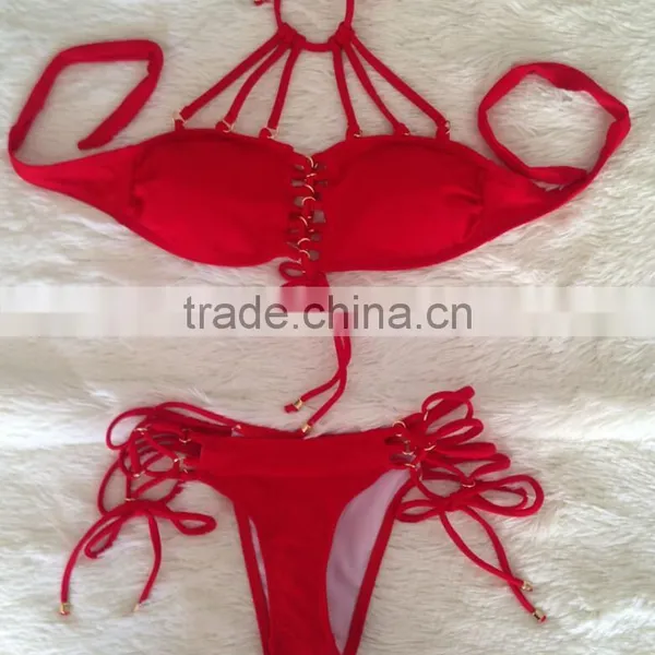M864 Dingyang Fashion Sexy Halter Bandage Hollow Metal Button Split Bikini Swimwear photo-3