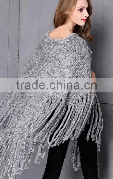 2017 Ladies Stylish Custom Made Tassels Hem Pullover Sweater Poncho With Best Quality photo-4