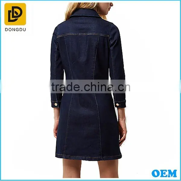 OEM Western Style Lady Long Sleeve Dark Blue Denim Button Up Thick Shift Cotton Winter Dress photo-2