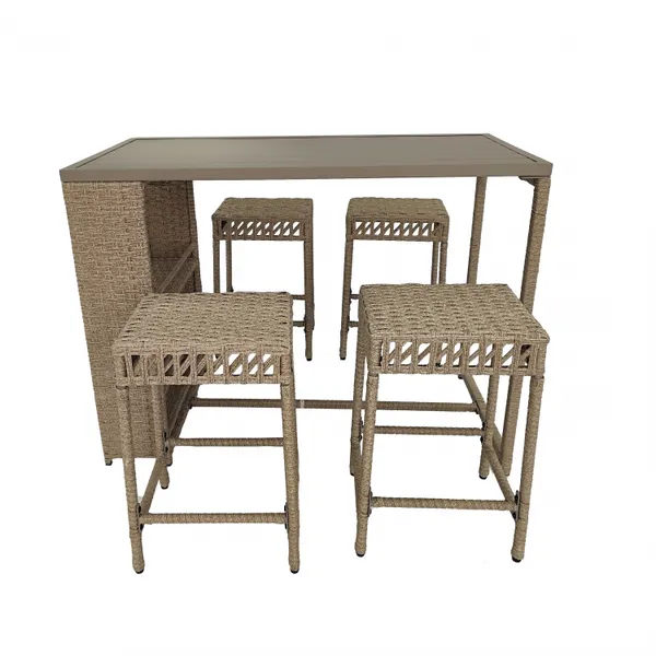 5 Piece Beige Rattan Wicker Bar Set, Patio Dining Furniture, Wine Glass Holder and 4 Bar Stools photo-5