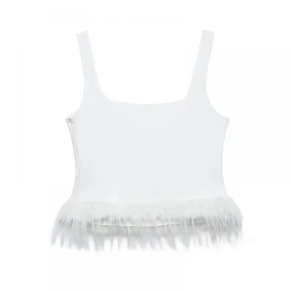 New Style European and American Style Solid Color Feather Trim Stretchy Bodycon Halter Top photo-3