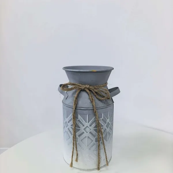 Blue White Metal Milk Can Vase With Jute Rope, Farmhouse Embossed Metal Pitcher for Home & Wedding Decor photo-3
