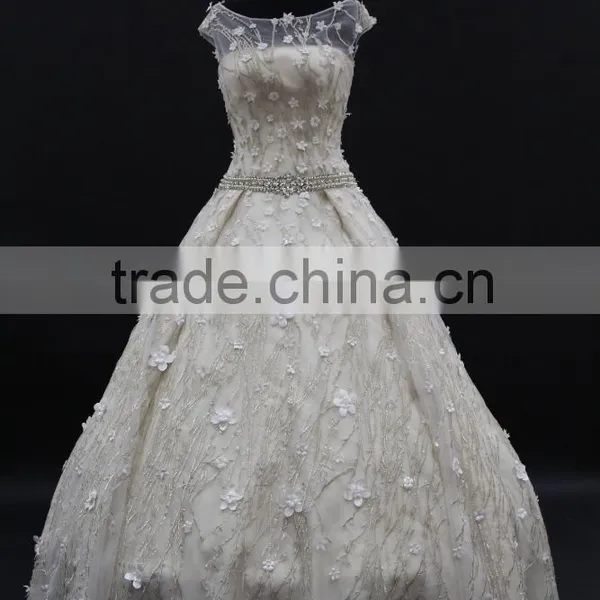 New Silver Thread Over Lace Ball Gown Wedding Dress With Beading Belt