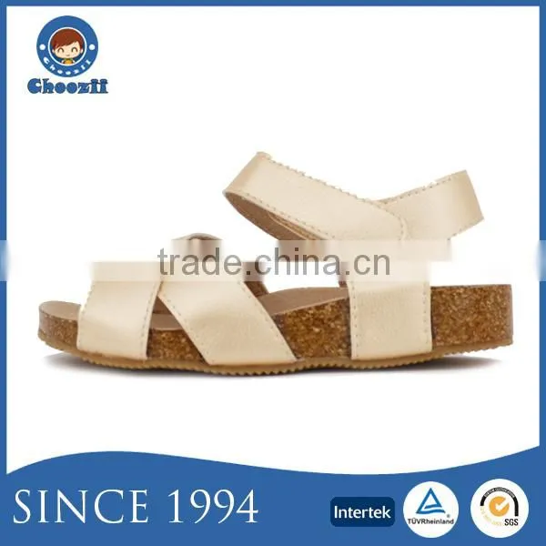 2016 Fashionable Golden Leather Girls Sandals With Cork Sole photo-2