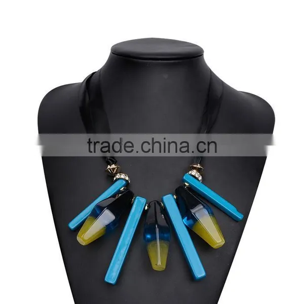Europe America New Design Exaggerated Geometric Acrylic Pendant Necklace Adjustable Silk Ribbon Necklace photo-4