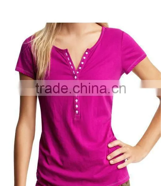 LADIES CREW NECK T SHIRT WITH BUTTON PLACKET