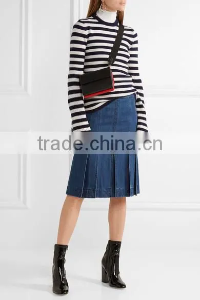 Among Best Selling Bell Sleeved Navy Blue and White Striped Women Spring Sweater photo-4