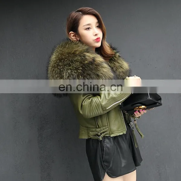 2017 High Quality Large Fluffy Real Raccoon Fur Collar Jacket Coat Lady Winter Sheepskin Genuine Sheep Leather Jacket Women photo-2
