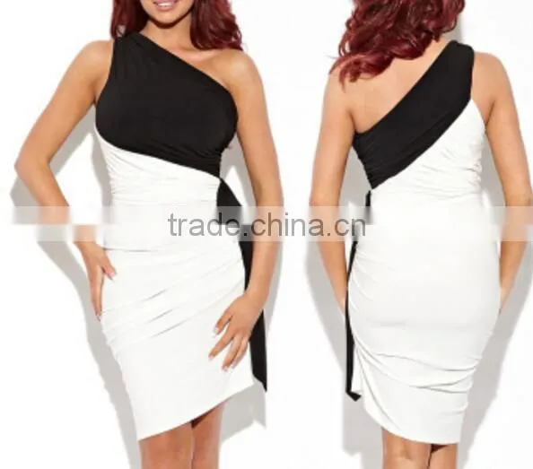Color Mosaic Shoulder Collar Asymmetric Pleated Sleeveless Slim Package Hip Dress Sub photo-4
