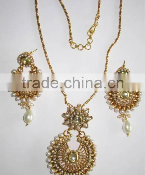Polki Pendant Chain Necklace EARRING Set