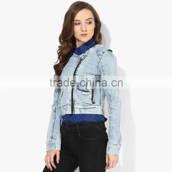 Blue Washed Zipper Denim Jacket Side Double for Women photo-4