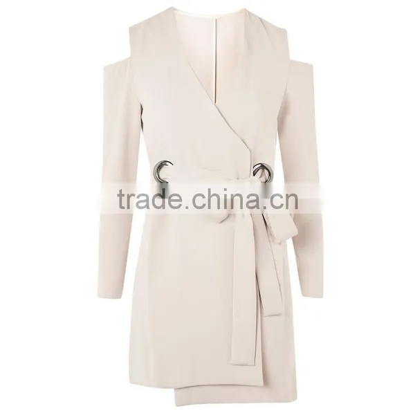 Belted Cold Shoulder Long Sleeve Coat Style Blazer Dress for Women photo-6