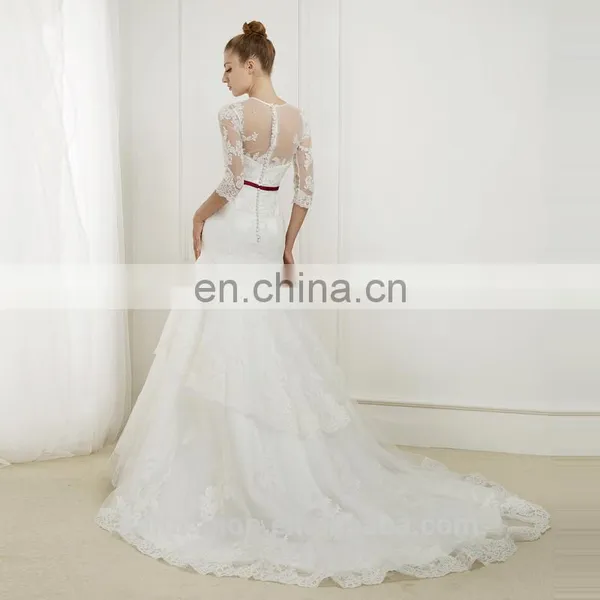 EBX-129 Round Neckline 3/4 Sleeve Red Belt Sash Two Layer Lace Skirt Princess Bridal Wedding Dress photo-2
