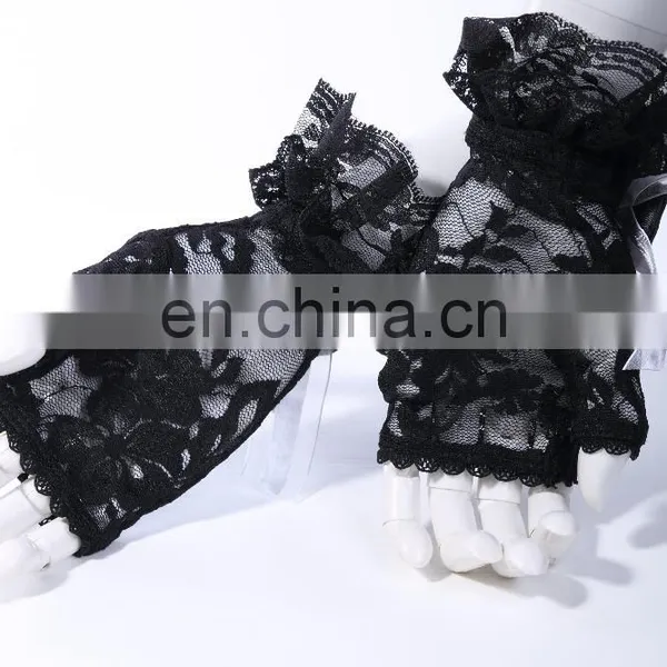 Gothic Laced Fingerless Gloves With Double Bow and Brooch photo-2