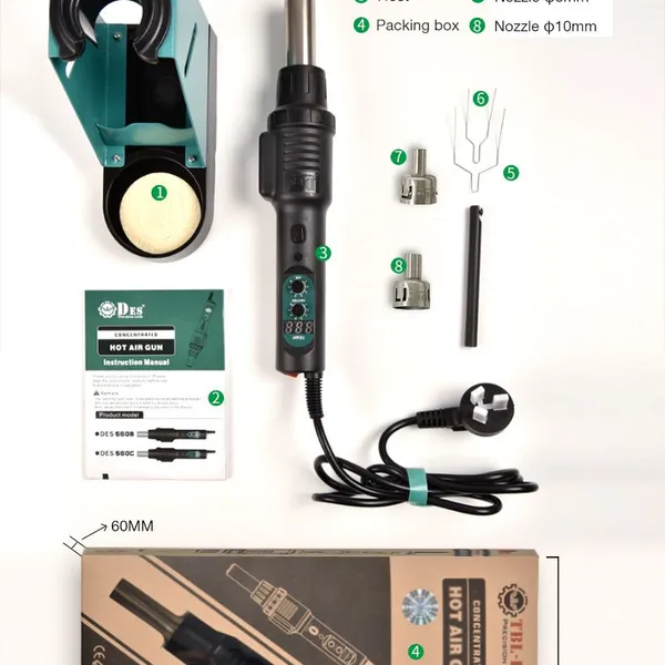DES 560B/560C(560W0) 560D/560E(780W0 Portable Intelligent Digital LED Display Hot Air Gun Airflow Control, ESD Safe PCB Circuit Board Repair photo-5