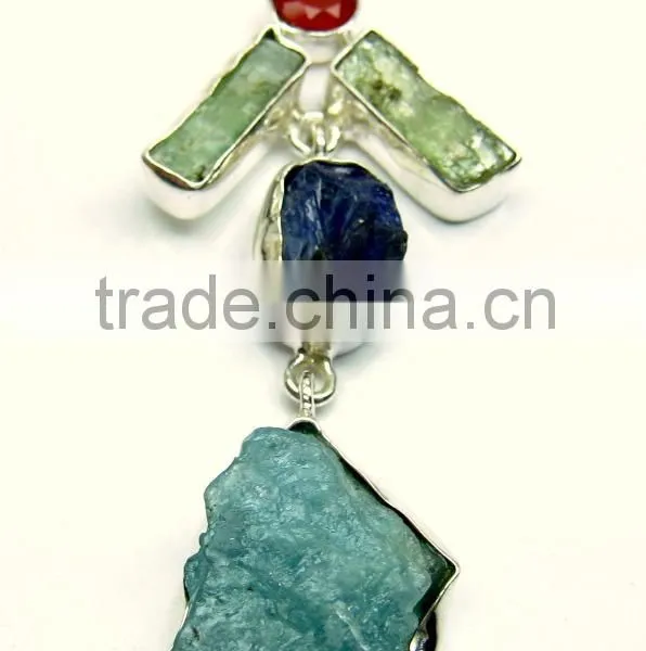 Carnelian Kyanite Aquamarine & Tanzanite Rough Gemstone Pendant, 925 Solid Sterling Silver Pendant, Designer Raw Bezel Pendant photo-2
