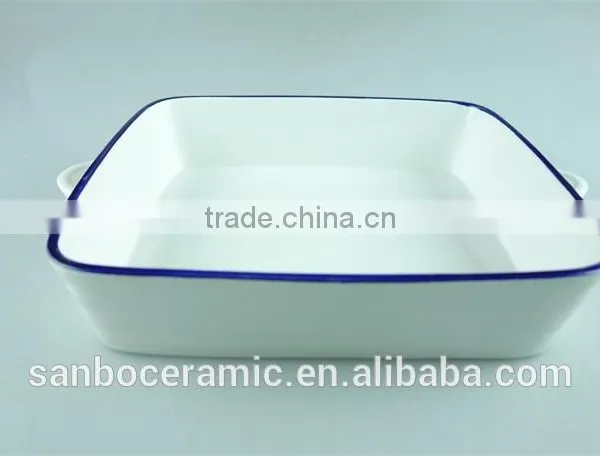 White Blue Line Zakka Style Enamel Ceramic Baking Dish With Handles Rectangular Baking Dish photo-2